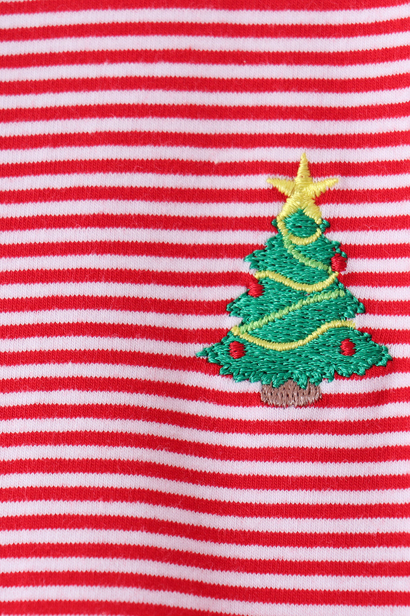 Red stripe christmas tree embroidery ruffle pants set