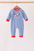 Blue stripe train gingerbread embroidery romper