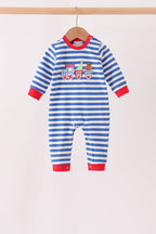 Blue stripe train gingerbread embroidery romper
