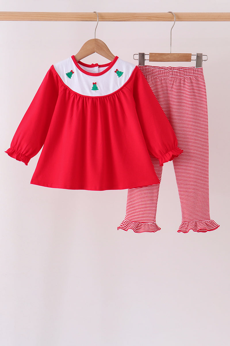 Red christmas tree embroidery ruffle pants set