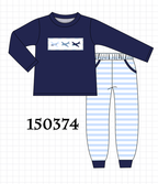 Navy Airplane Embroidery Pants Set
